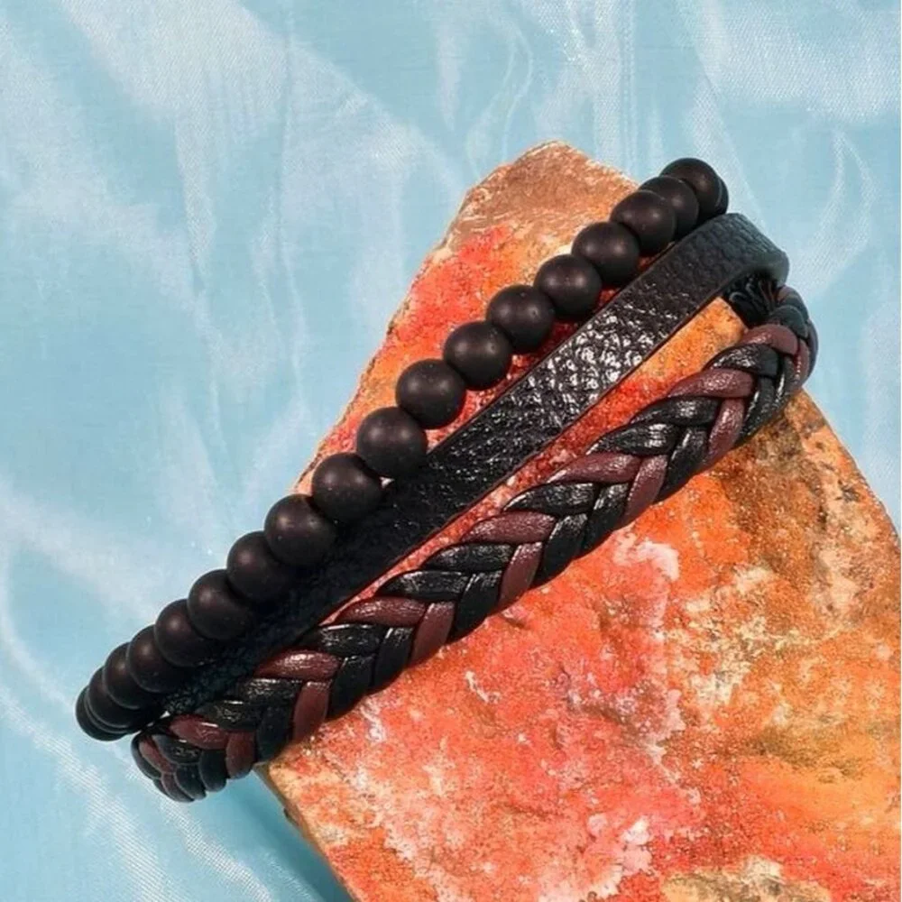 Vault Alijah Braided Beaded Triple Layer Metal Clasp Leather Bracelet Gift Boxed